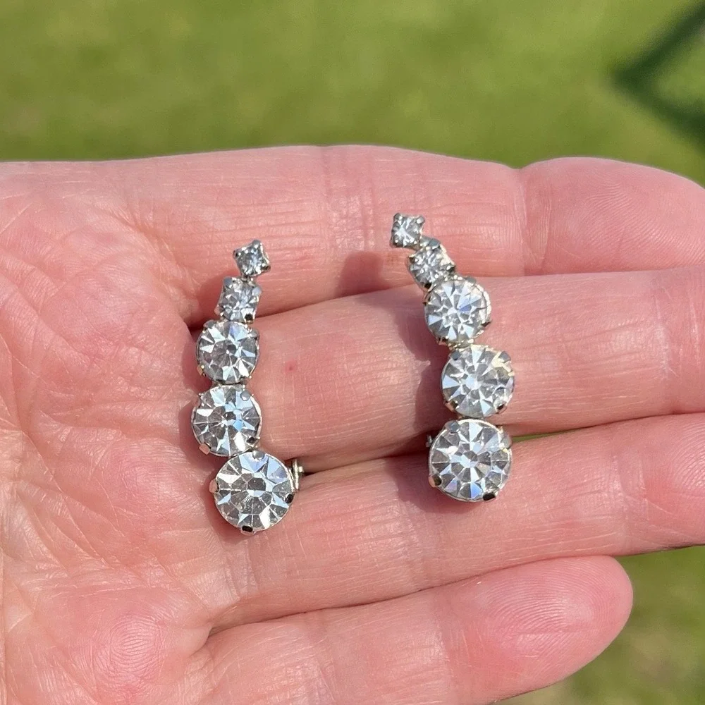 Vintage La Rel Clip‎ On Earrings Rhinestone Clear Graduated Round Silver Signed